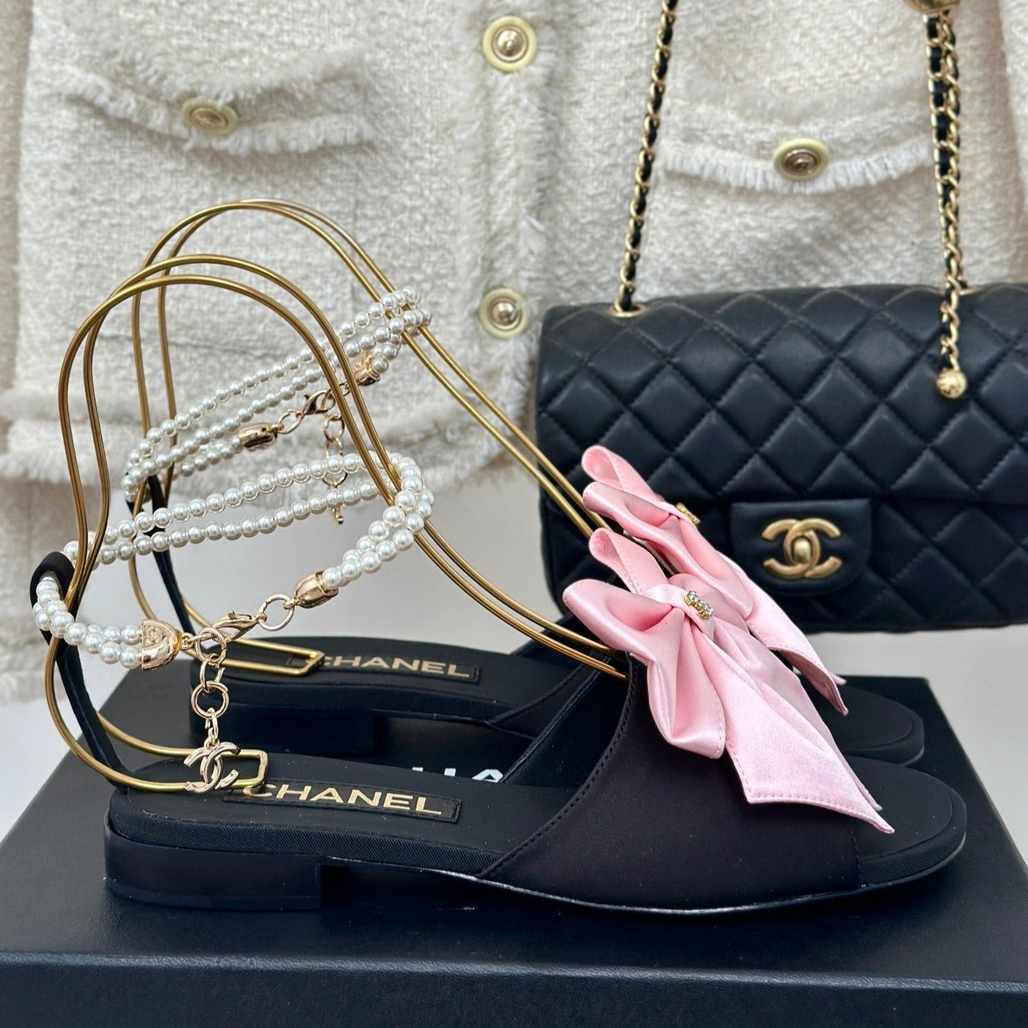 CHANEL Double C Big Bow Pearl Chain Sandals Light Pink Black Lambskin