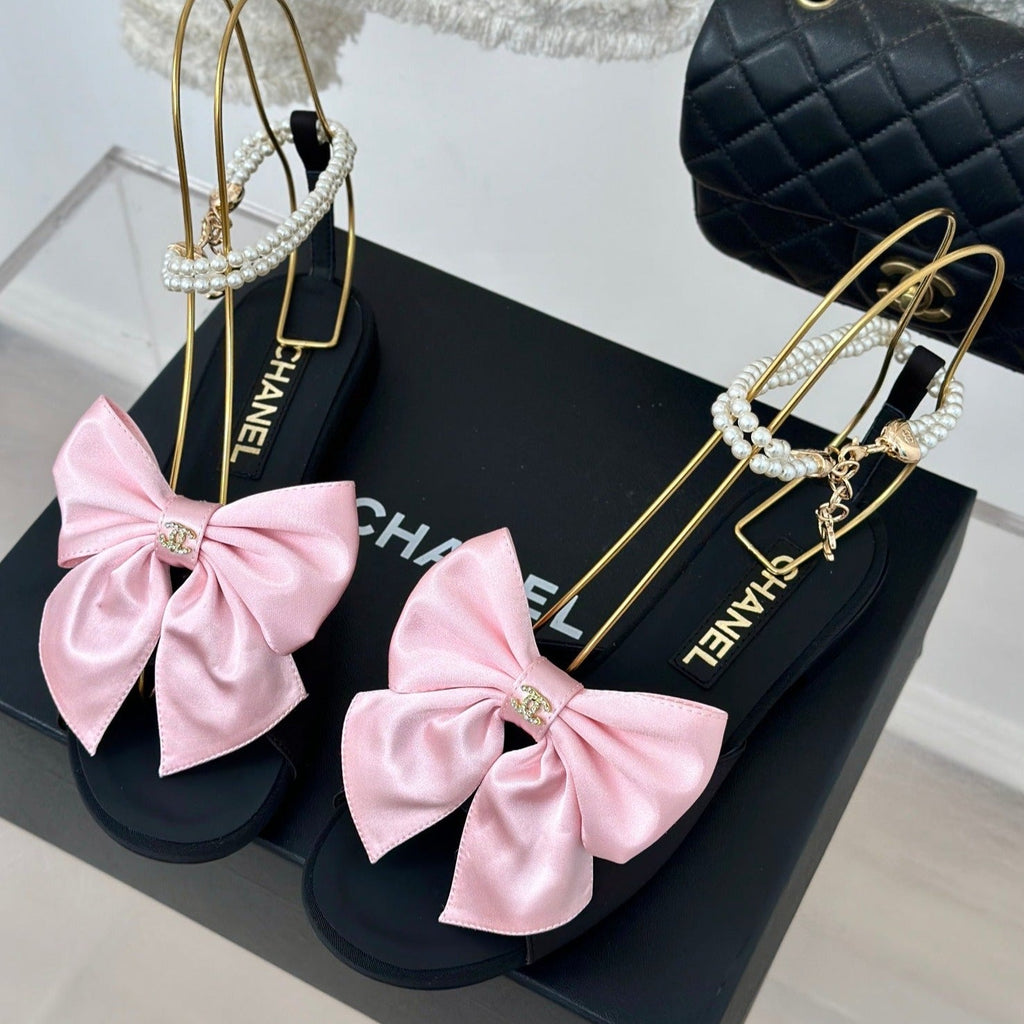 CHANEL Double C Big Bow Pearl Chain Sandals Light Pink Black Lambskin