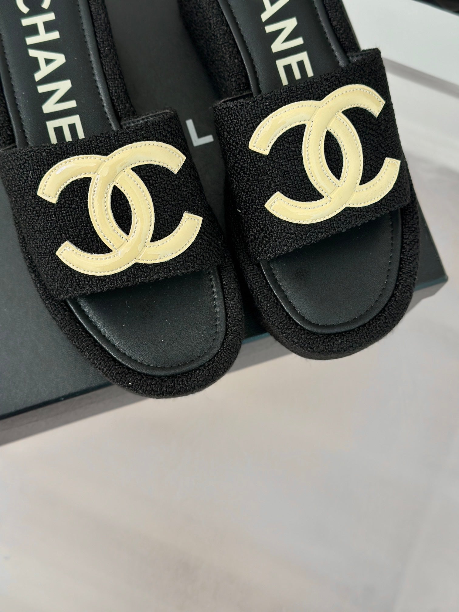 CHANEL CLASSIC SLIPPERS THICK SOLE IN BLACK TWEED