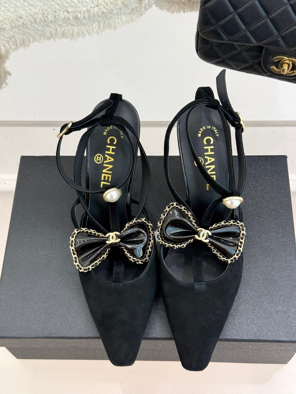 CHANEL CHAIN BOW HIGH HEEL 8 CM SLINGBACKS IN BLACK SUEDE