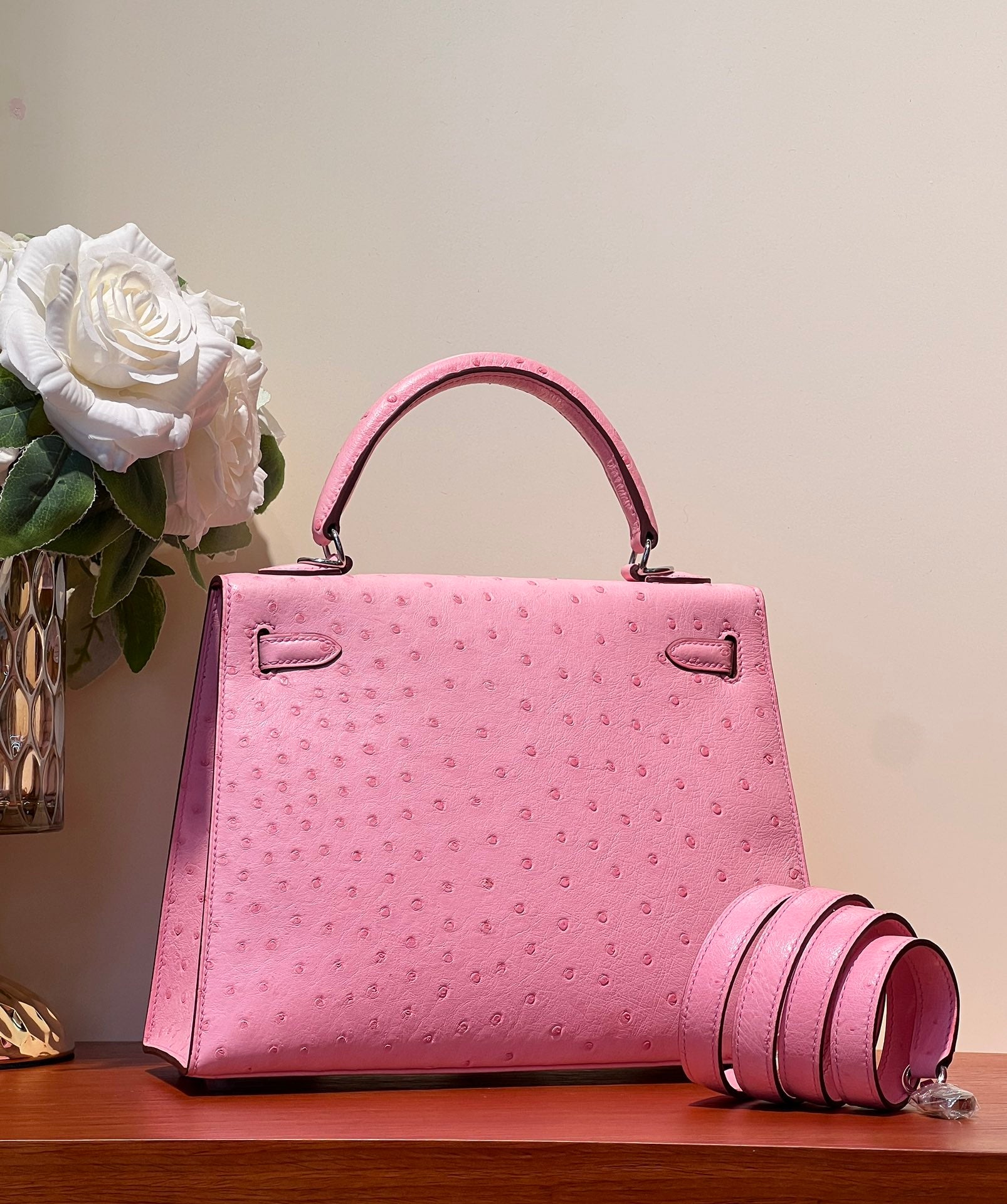 HERMES KELLY SELLIER 25 BAG IN DOLL PINK OSTRICH LEATHER WITH SILVER HARDWARE