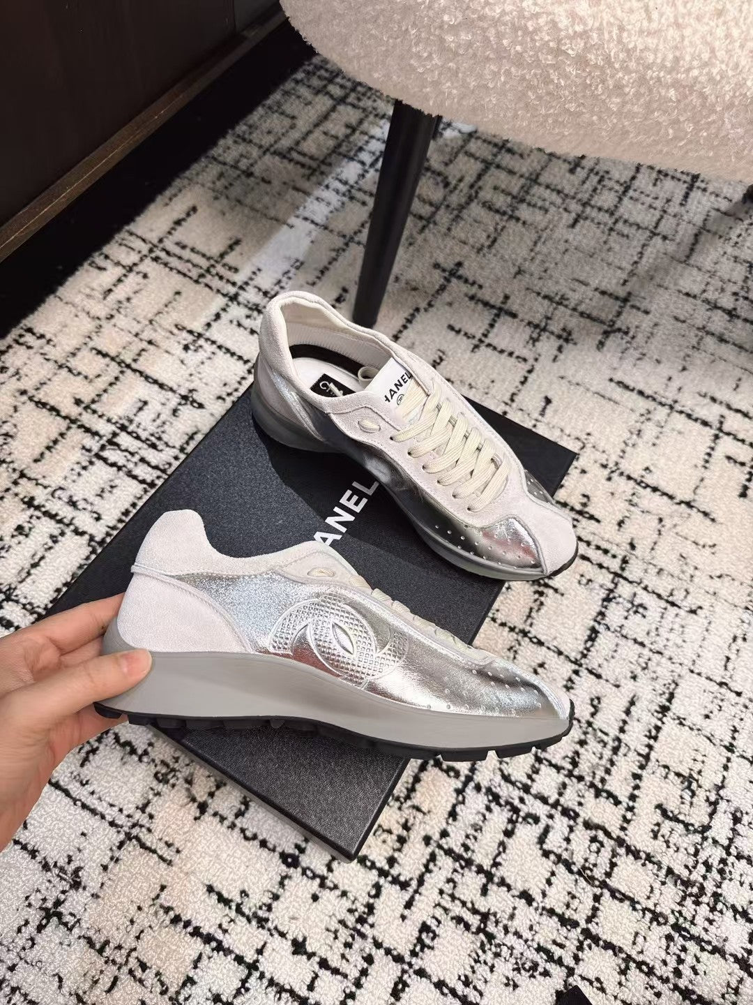 CHANEL CLASSIC SNEAKERS IN SILVER SHEEPSKIN