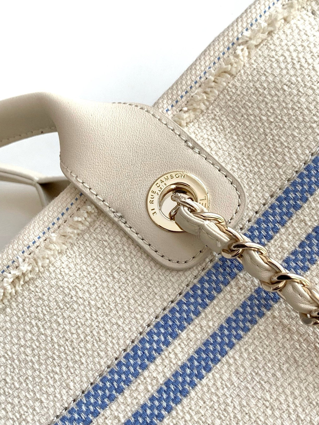 CHANEL SHOPPING BAG 34 IN WHITE BLUE AND YELLOW CANVAS