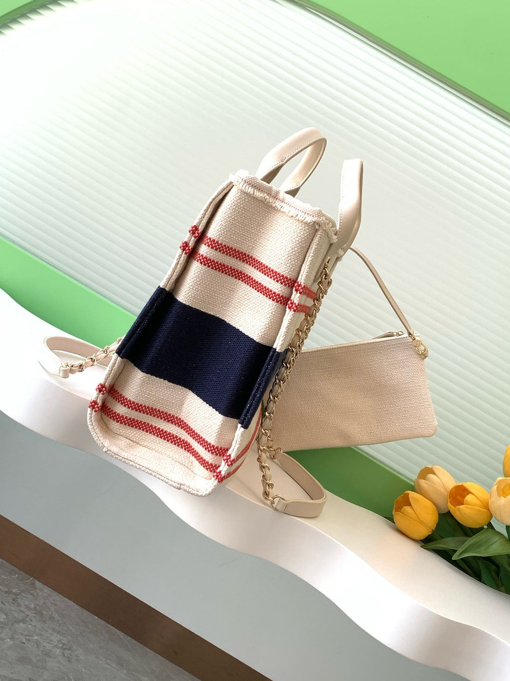 CHANEL SHOPPING BAG 34 IN WHITE RED AND NAVY BLUE CANVAS