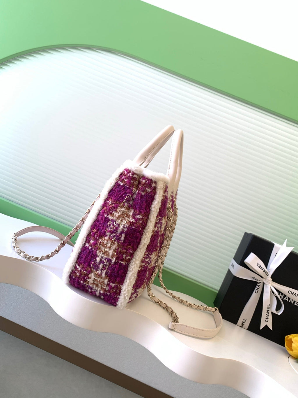 CHANEL 25S SHOPPING BAG 34 IN DARK PINK MIX WHITE TWEED