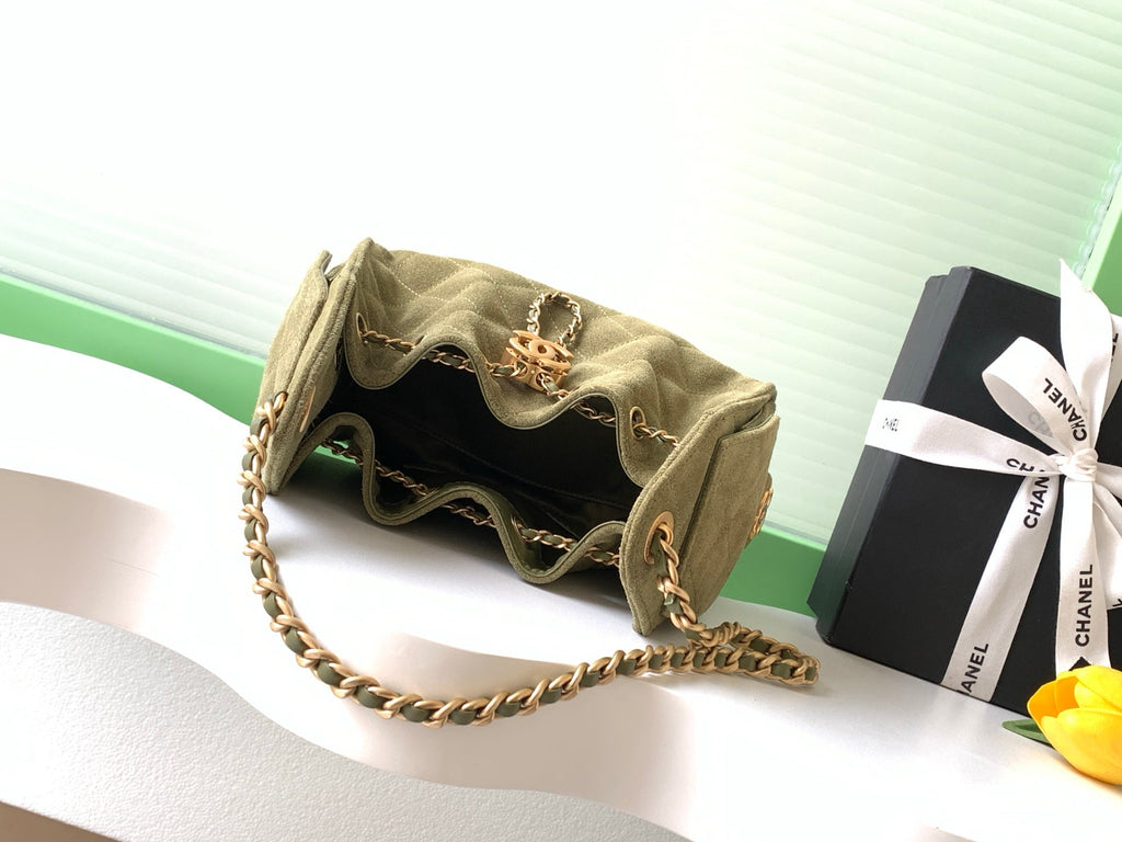 CHANEL 25S HOBO BAG 22 IN MOSS GREEN SUEDE WITH GOLD HARDWARE