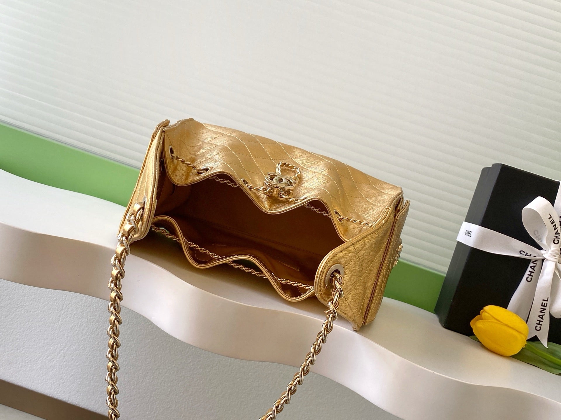 CHANEL 25S HOBO BAG 30 IN METALLIC GOLD CAVIAR LEATHER