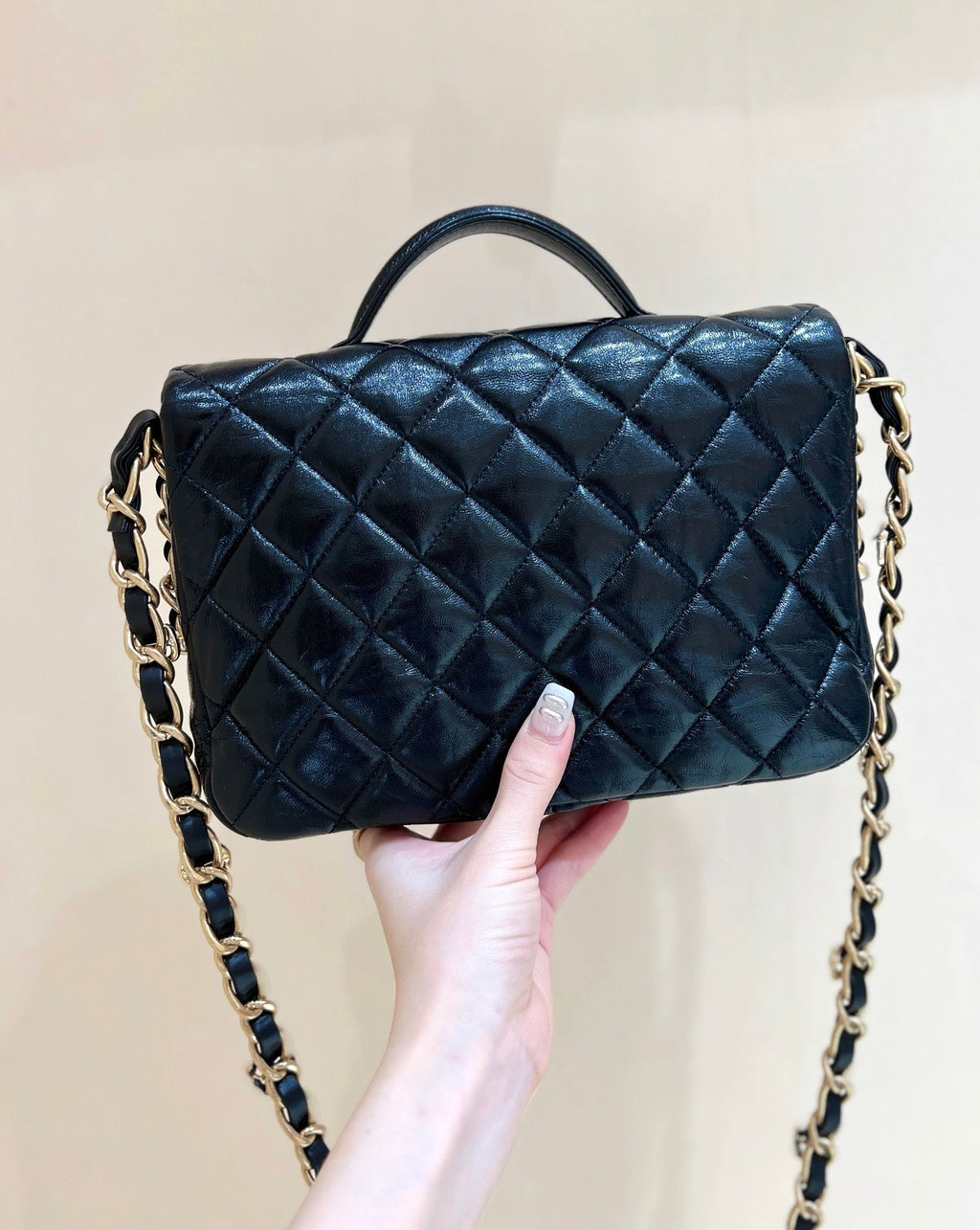 CHANEL DOUBLE POCKETS FLAP BAG TOP HANDLE 24 IN BLACK LAMBSKIN GOLD HARDWARE