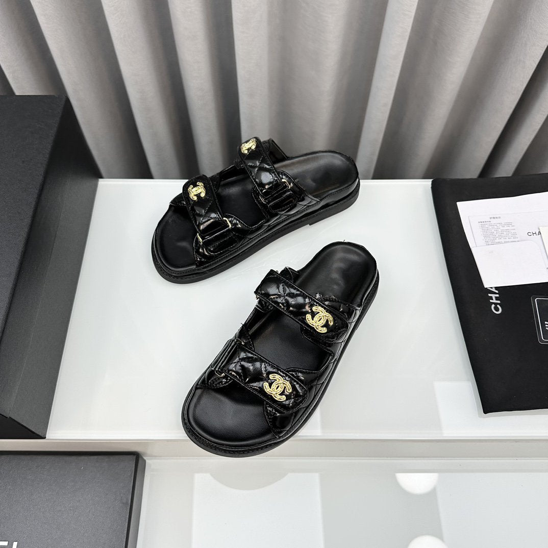 CHANEL DAD SANDALS BLACK PATENT LAMBSKIN MULES