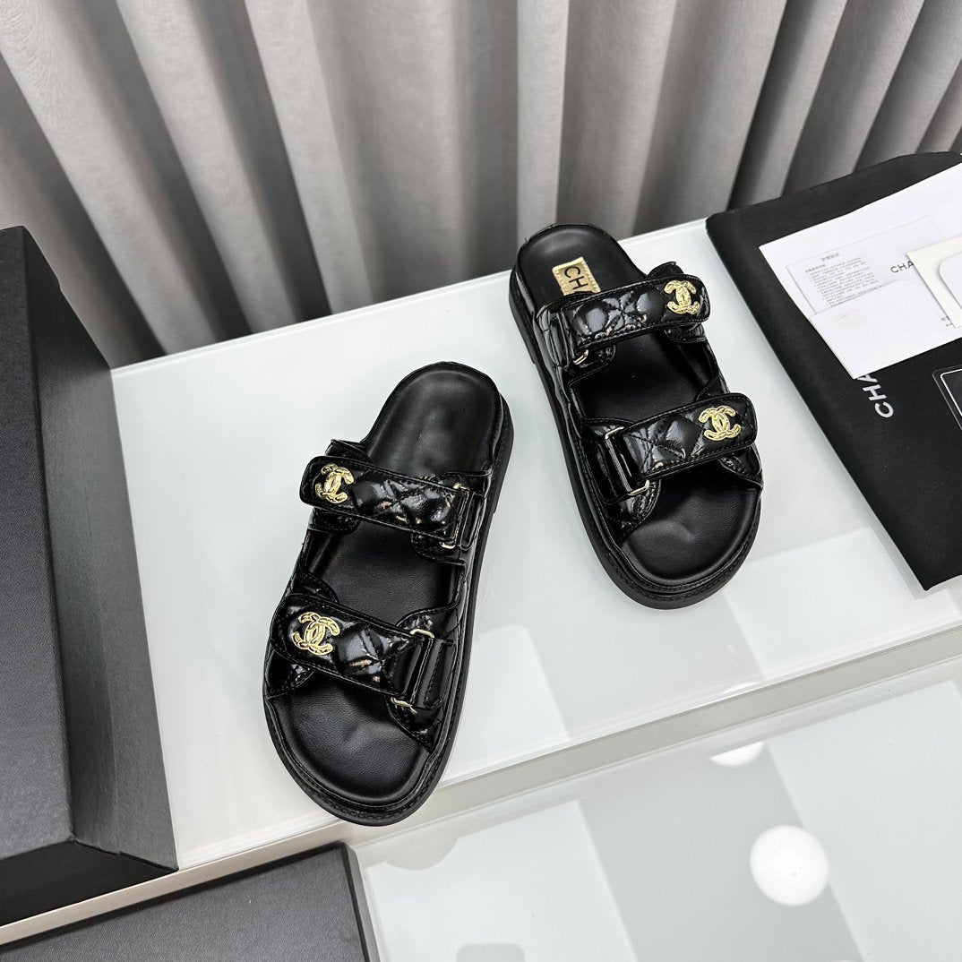 CHANEL DAD SANDALS BLACK PATENT LAMBSKIN MULES