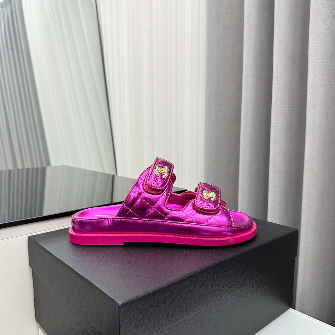 CHANEL dad sandals dark pink metalic lambskin mules