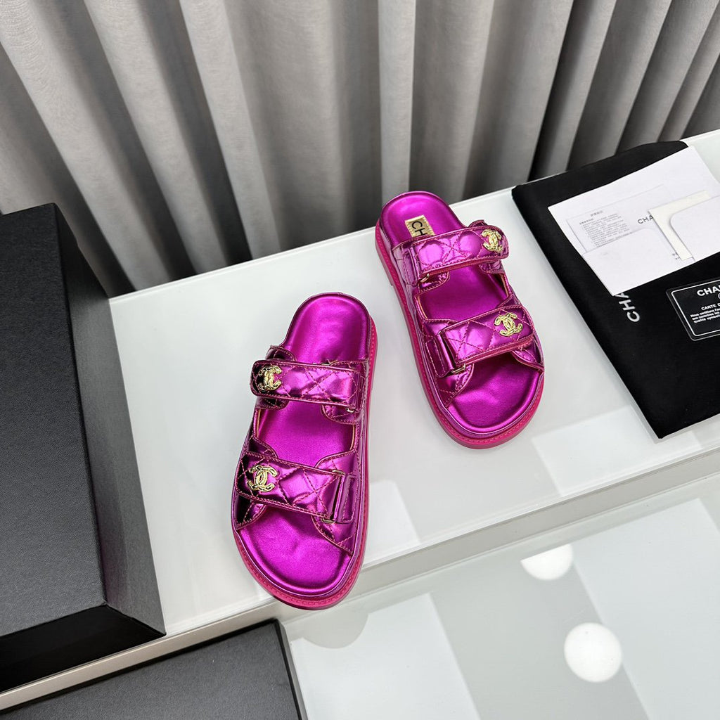 CHANEL dad sandals dark pink metalic lambskin mules