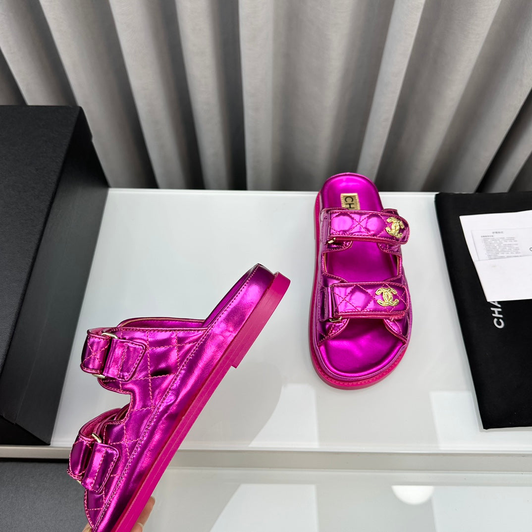 CHANEL dad sandals dark pink metalic lambskin mules