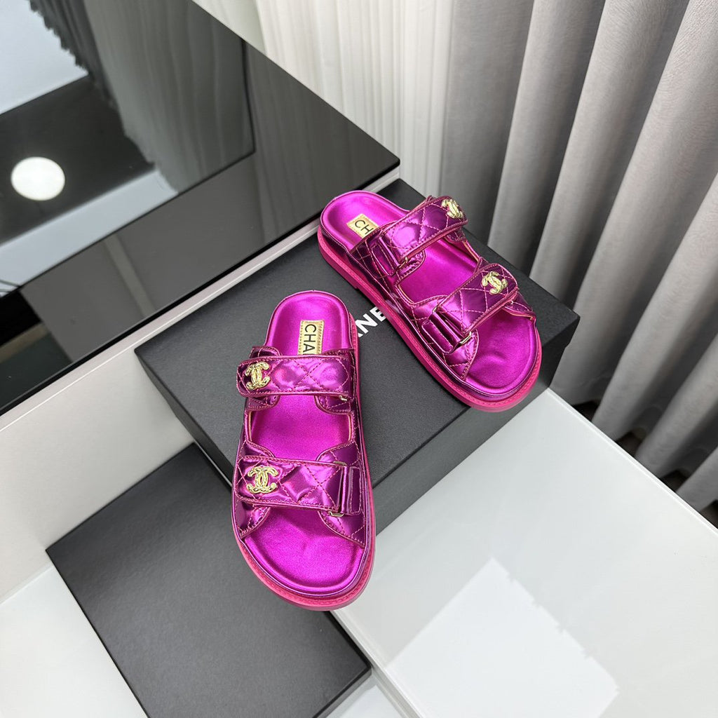 CHANEL dad sandals dark pink metalic lambskin mules