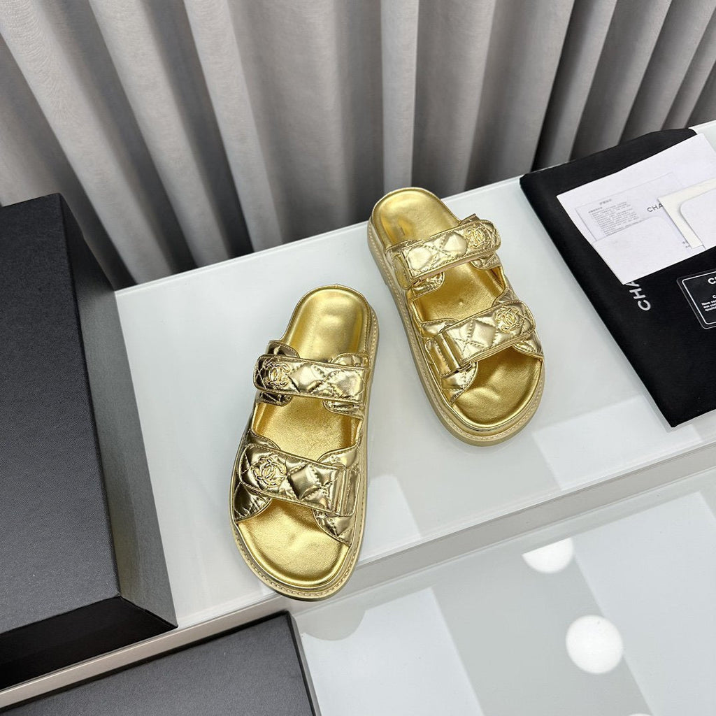 CHANEL dad sandals gold metalic lambskin mules