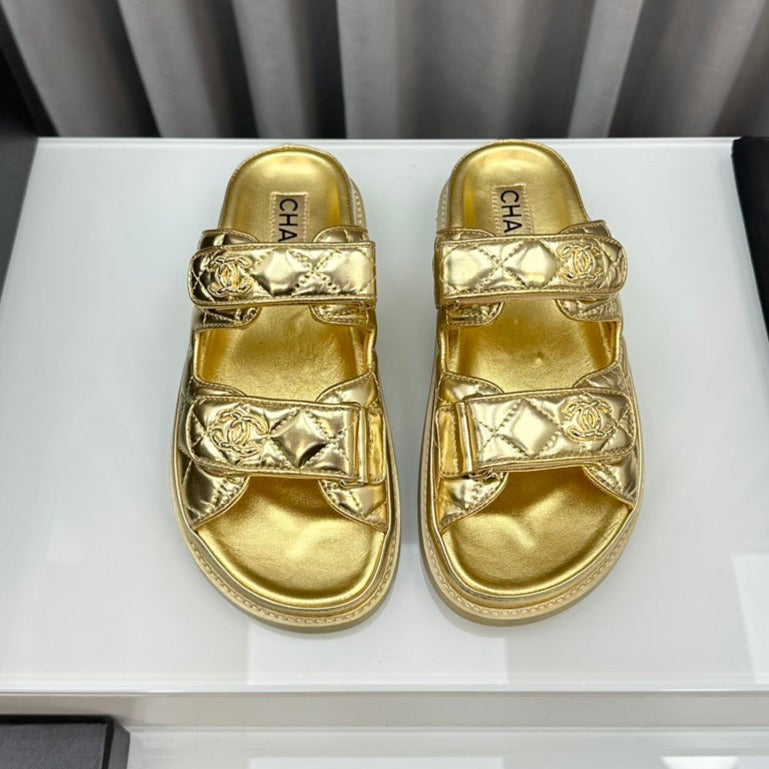 CHANEL dad sandals gold metalic lambskin mules