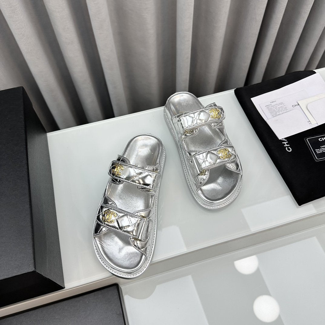 CHANEL dad sandals silver metalic lambskin mules