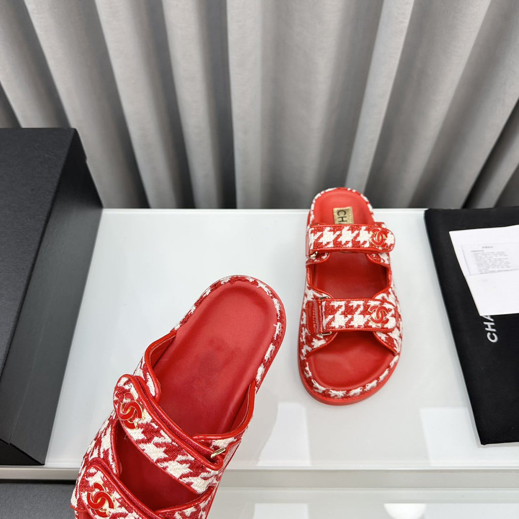 CHANEL dad sandals red white mules