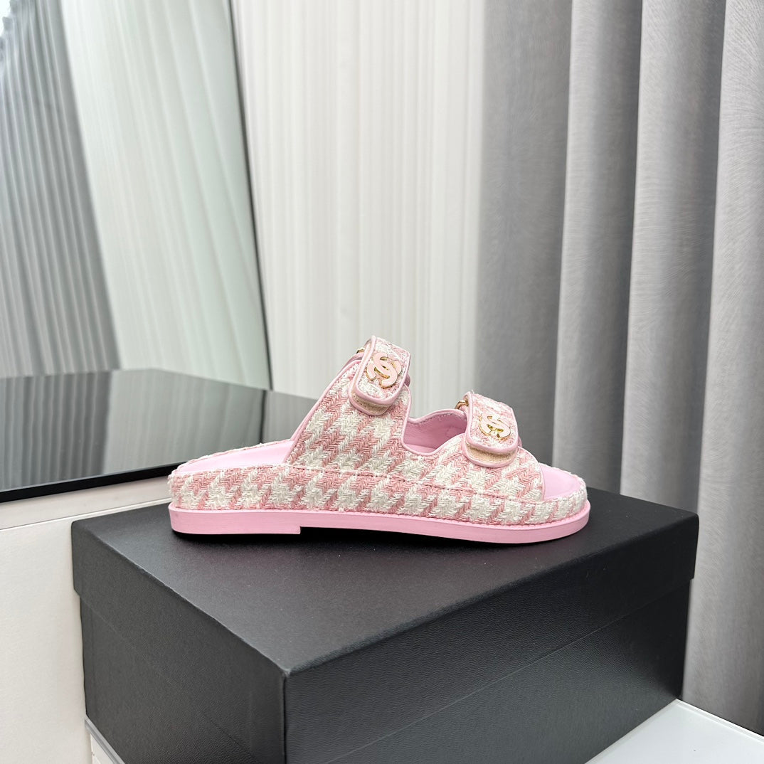 CHANEL dad sandals pink white mules