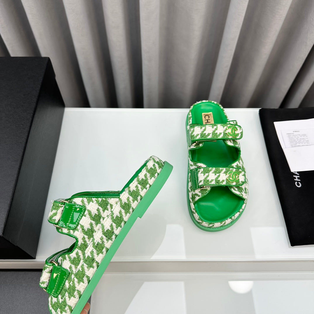 CHANEL dad sandals green white mules