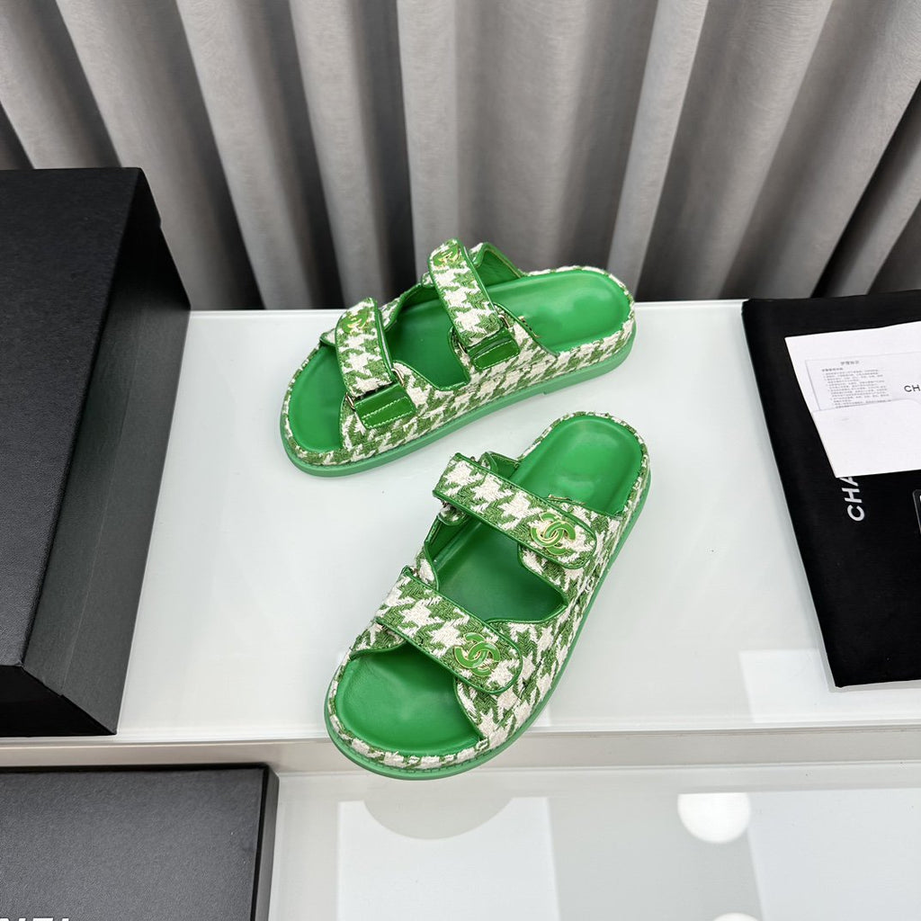 CHANEL dad sandals green white mules