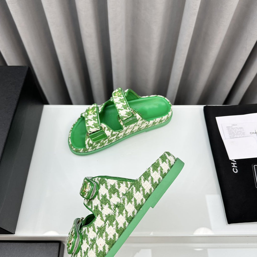 CHANEL dad sandals green white mules