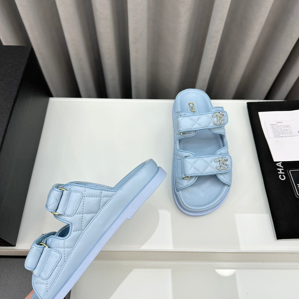 CHANEL dad sandals cloud blue lambskin mules