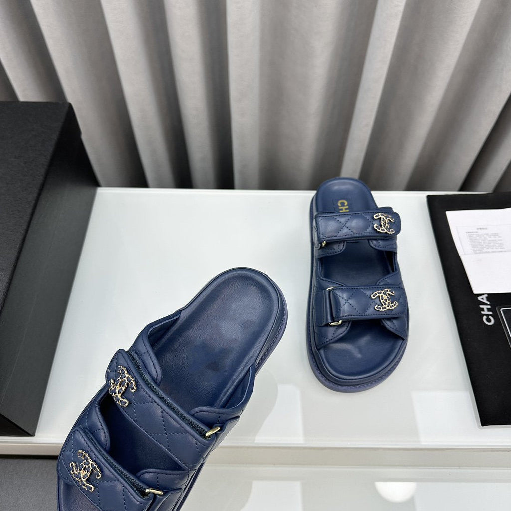 CHANEL dad sandals blue lambskin mules