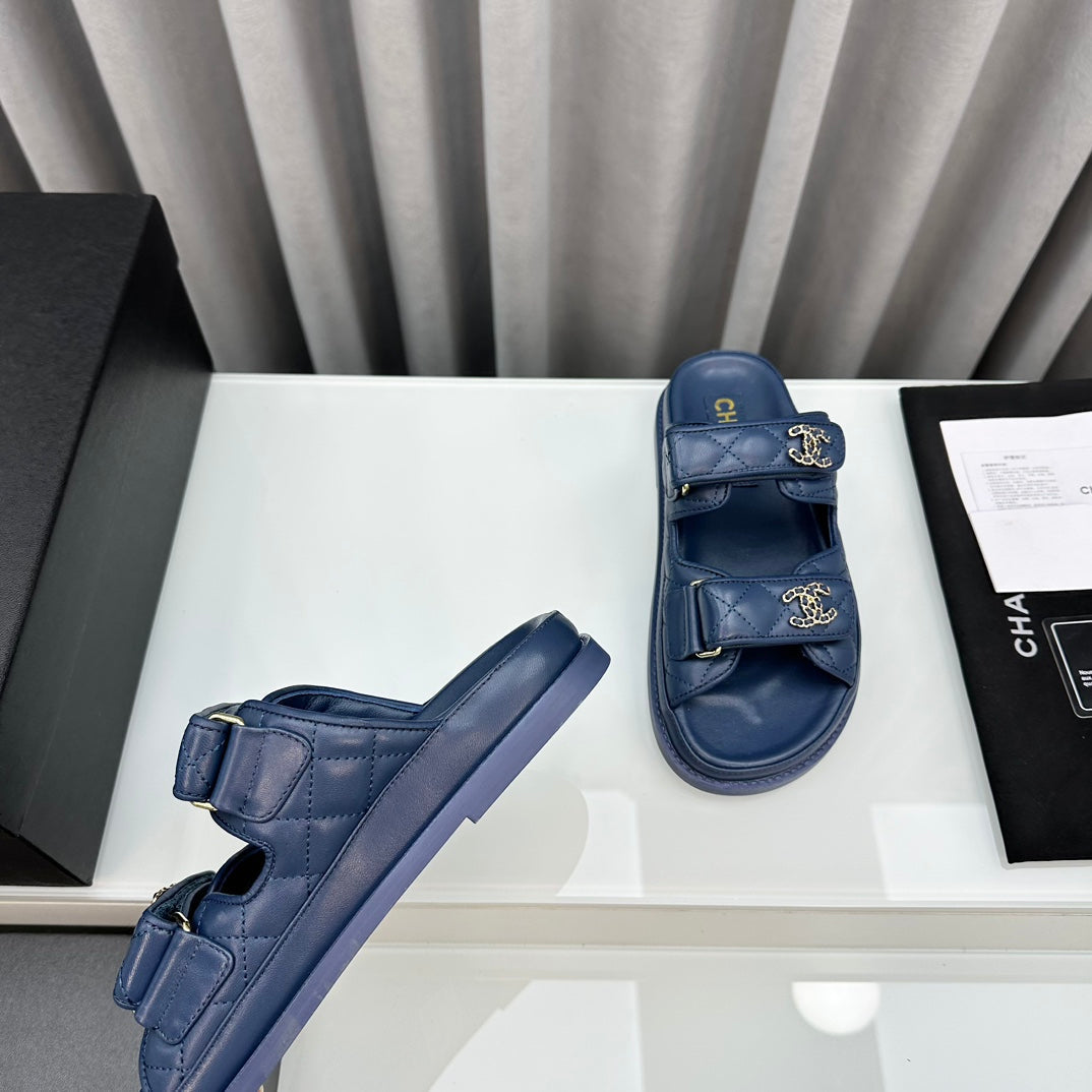 CHANEL dad sandals blue lambskin mules