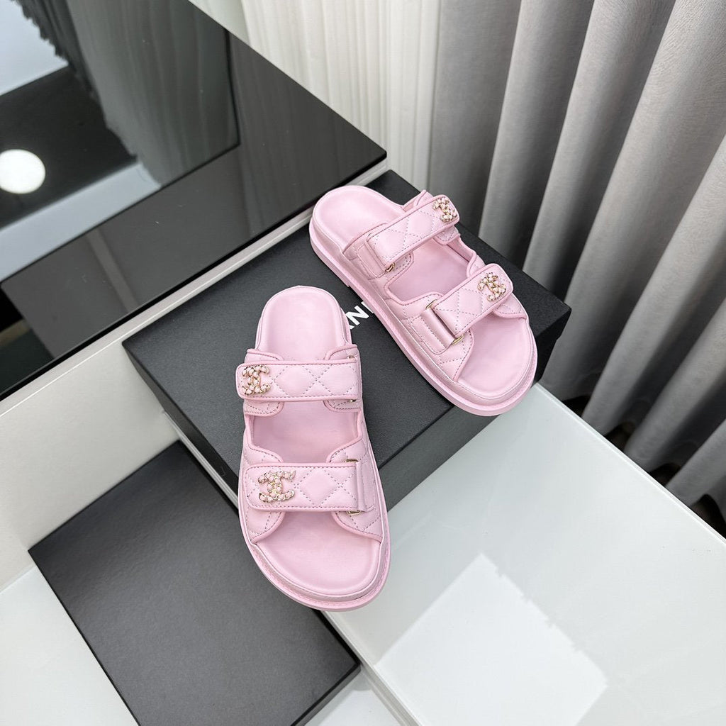 CHANEL dad sandals pink lambskin mules
