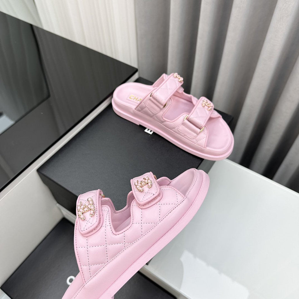 CHANEL dad sandals pink lambskin mules
