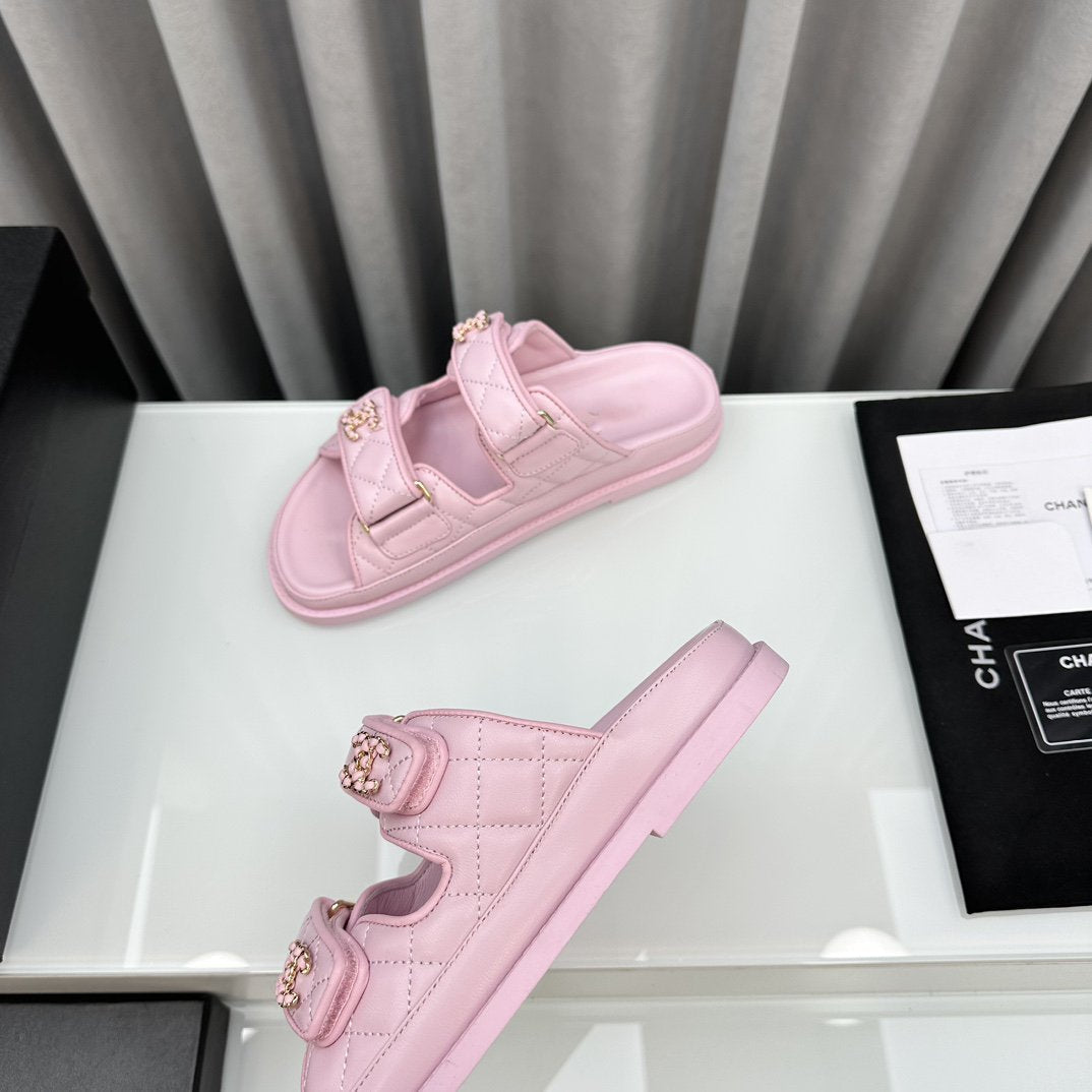 CHANEL dad sandals pink lambskin mules