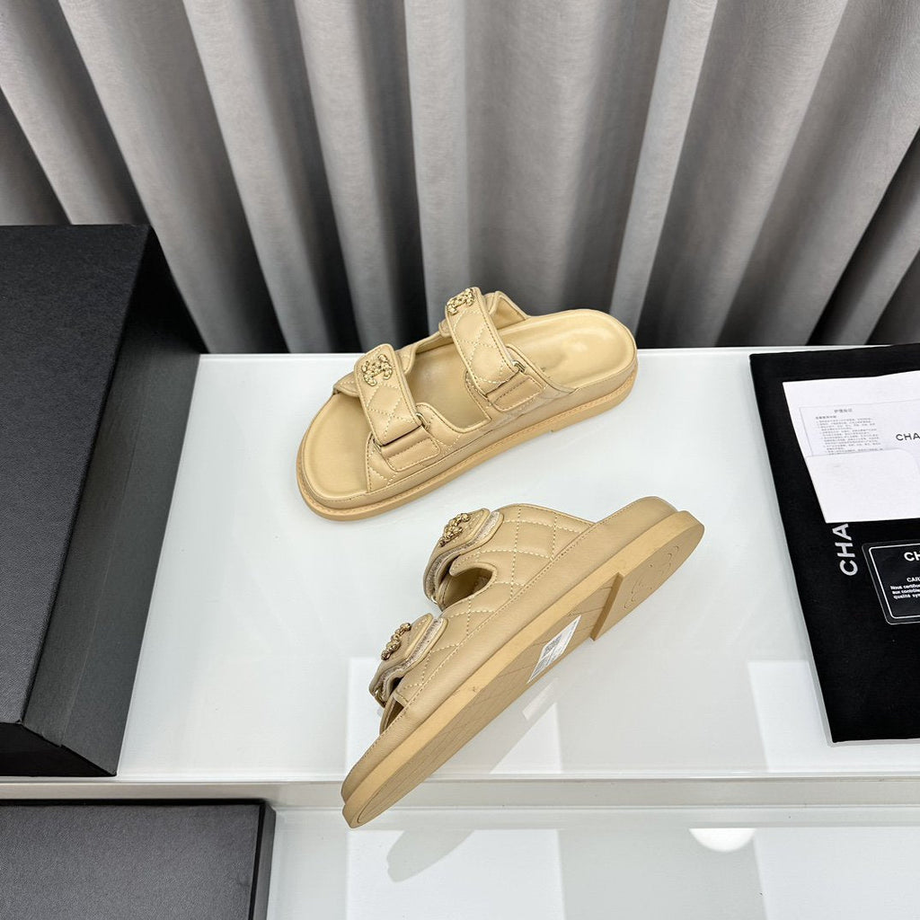 CHANEL dad sandals beige lambskin mules