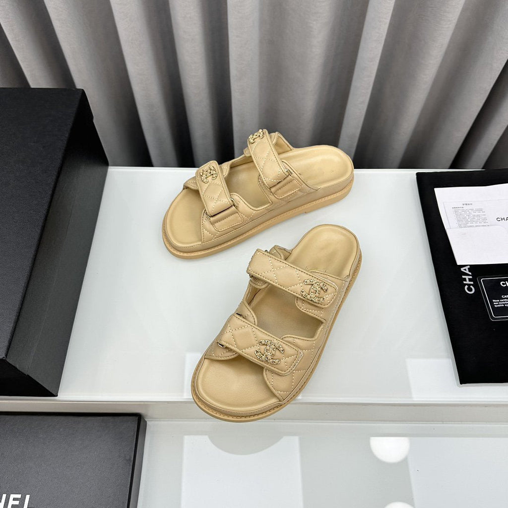 CHANEL dad sandals beige lambskin mules