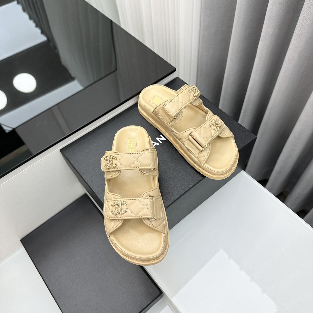 CHANEL dad sandals beige lambskin mules