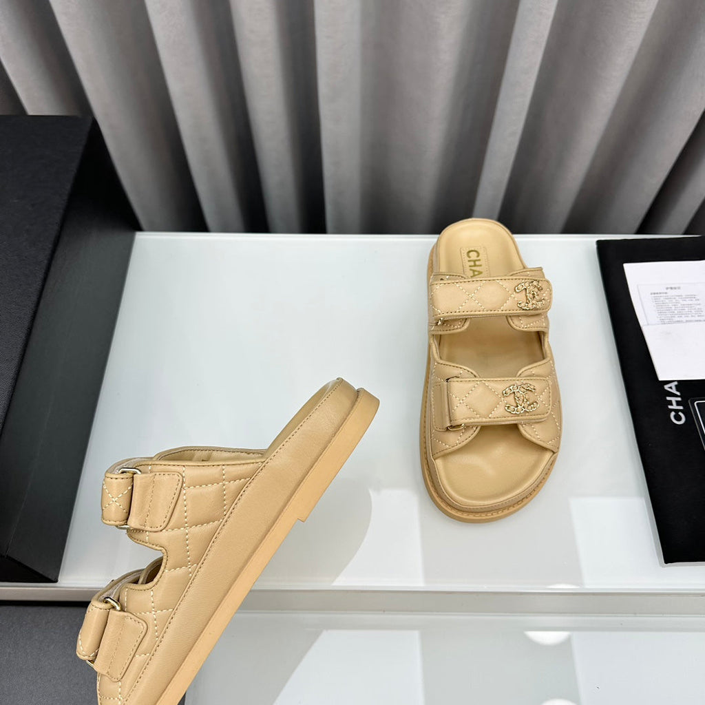 CHANEL dad sandals beige lambskin mules