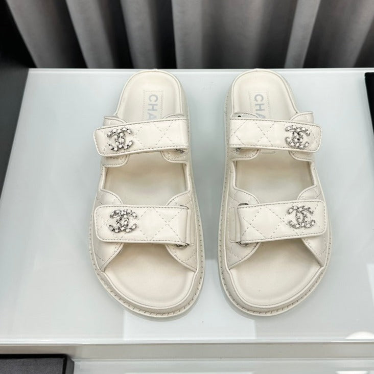 CHANEL dad sandals white lambskin interwoven leather