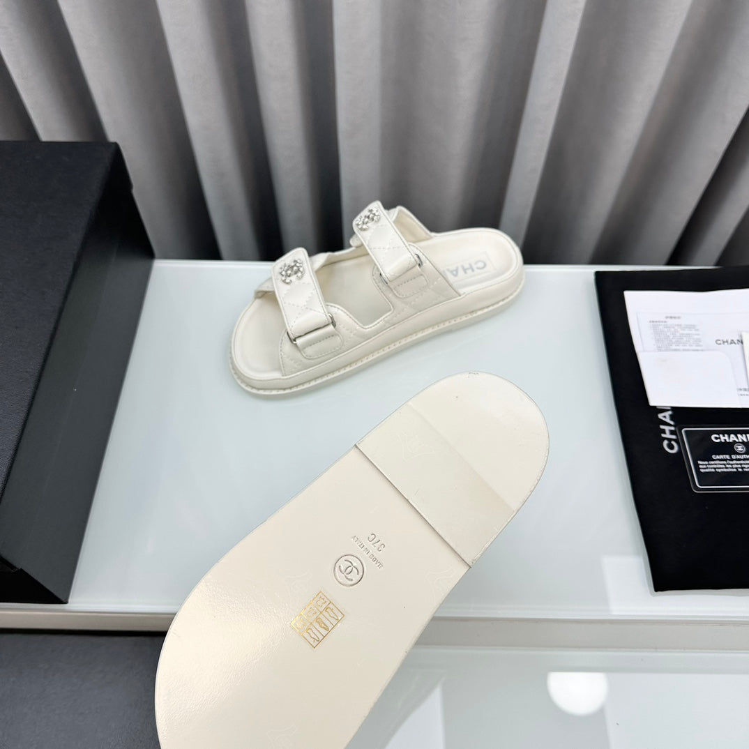 CHANEL dad sandals white lambskin interwoven leather