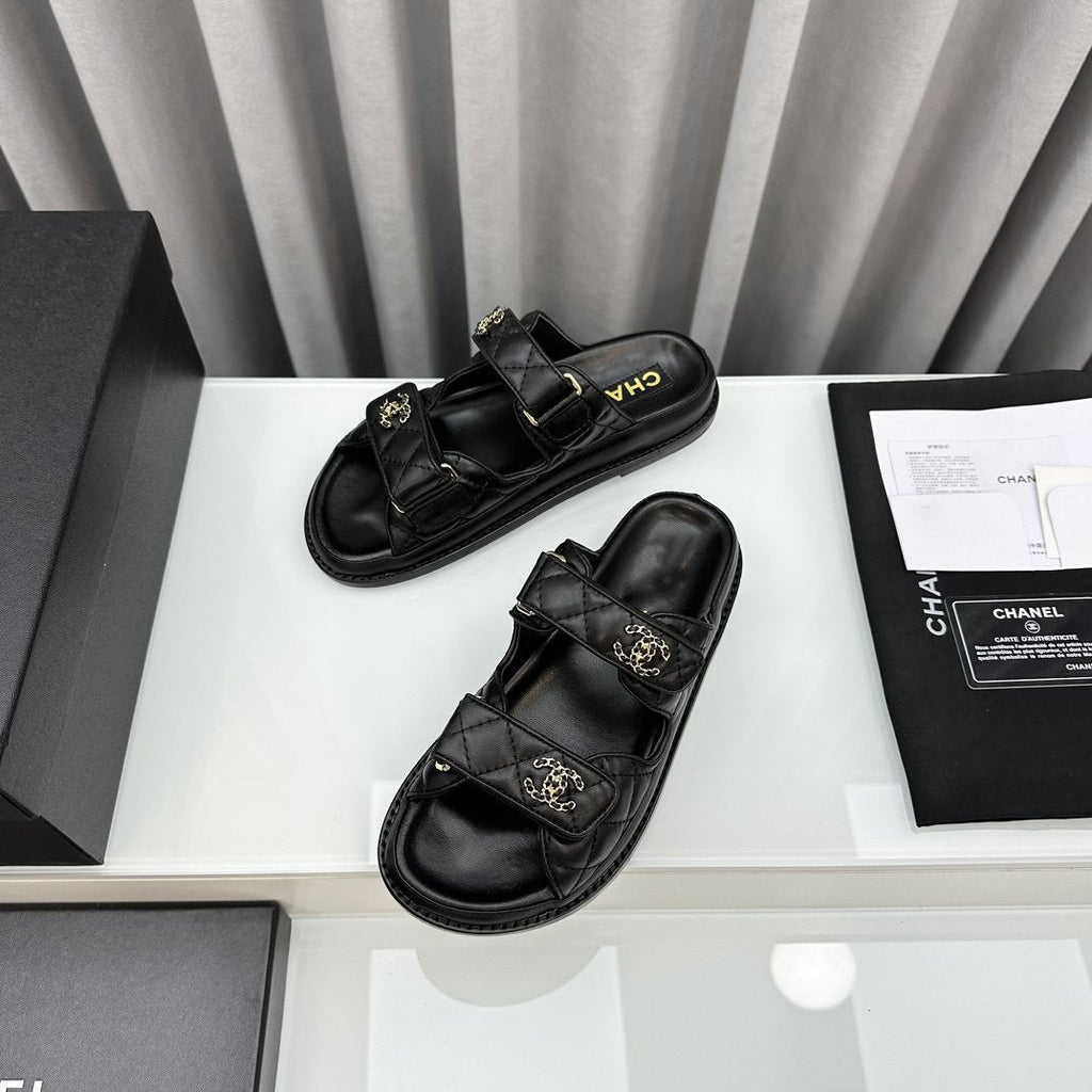 CHANEL dad sandals black patent interwoven leather