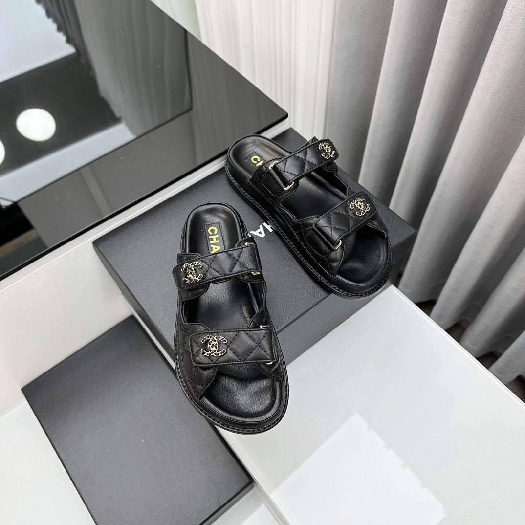 CHANEL dad sandals black patent interwoven leather