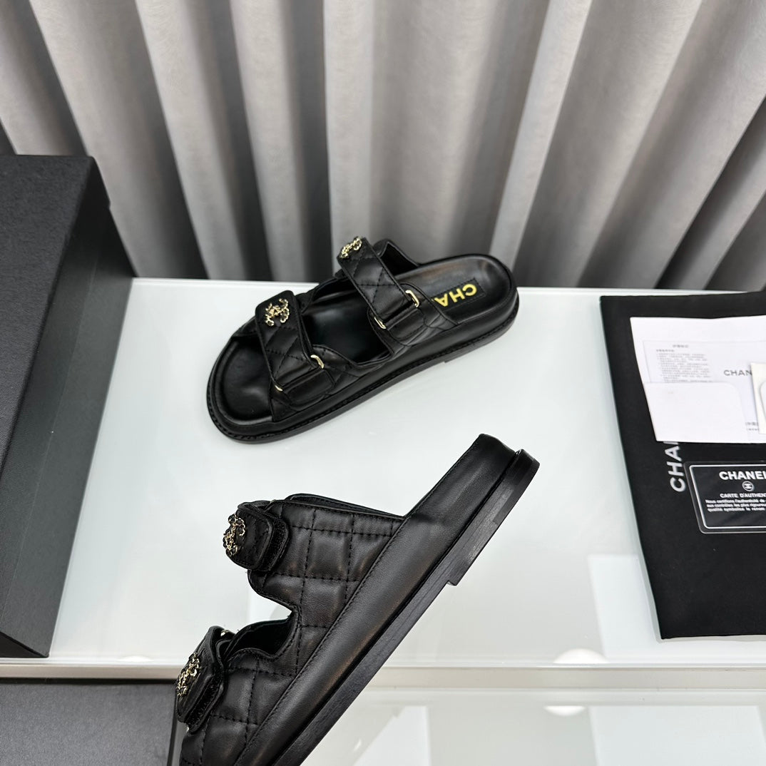 CHANEL dad sandals black patent interwoven leather