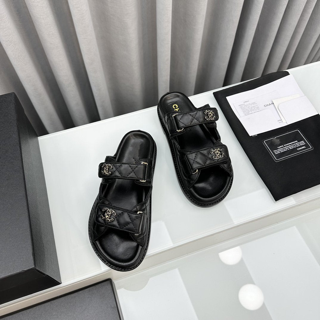 CHANEL dad sandals black patent interwoven leather
