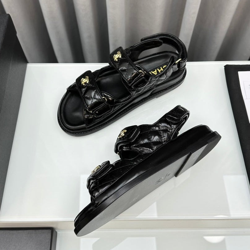 CHANEL dad sandals black patent lambskin