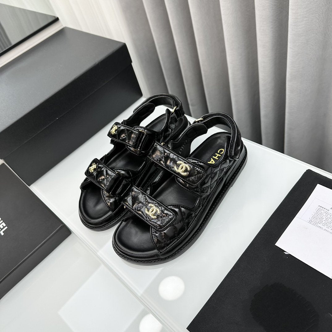 CHANEL dad sandals black patent lambskin