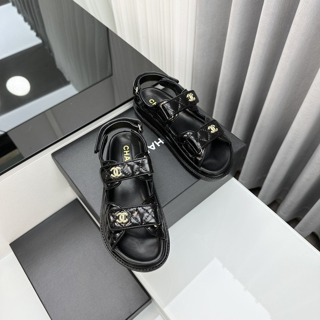 CHANEL dad sandals black patent lambskin