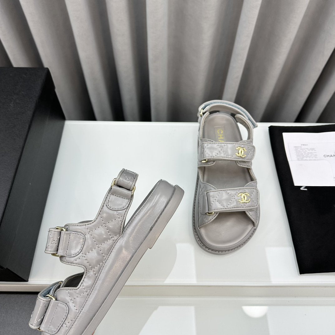 CHANEL dad sandals grey patent lambskin