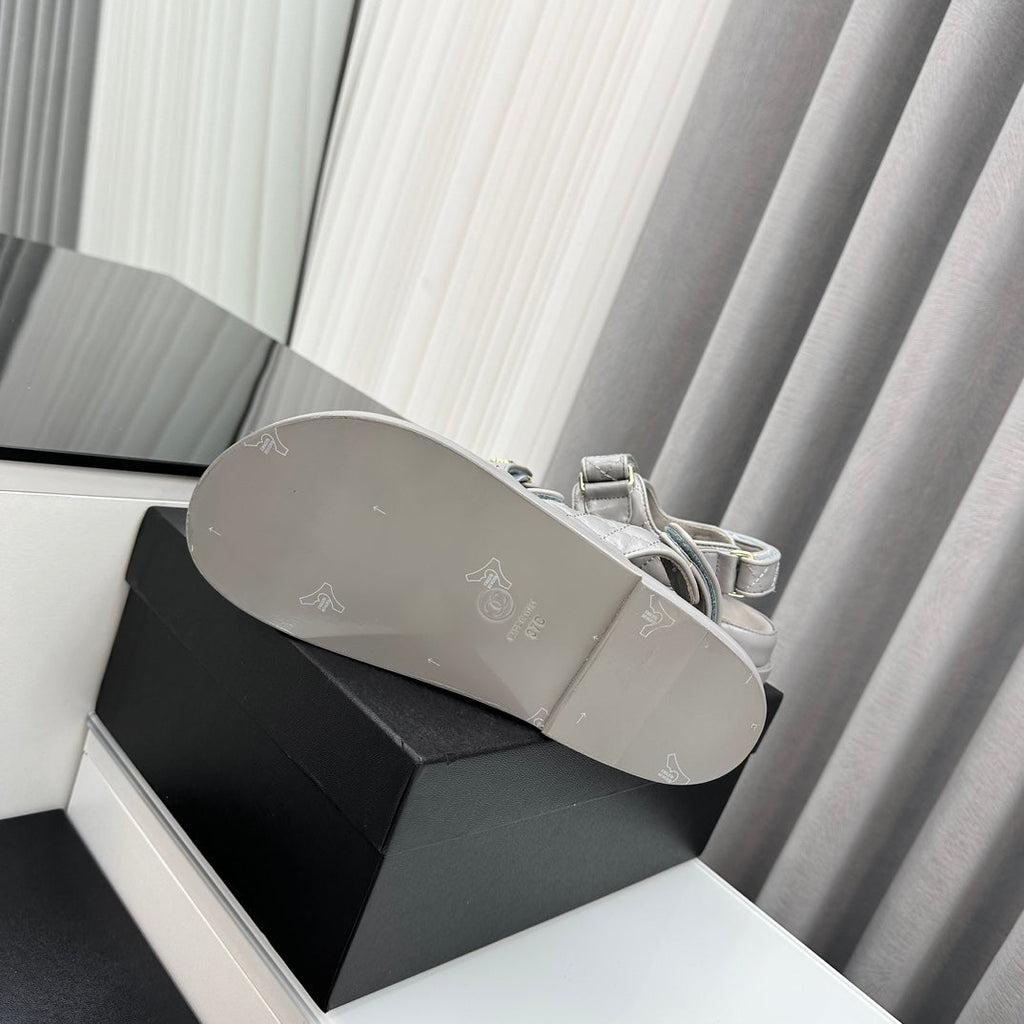 CHANEL dad sandals grey patent lambskin