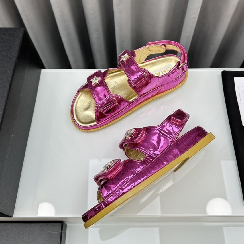 CHANEL dad sandals red metalic lambskin