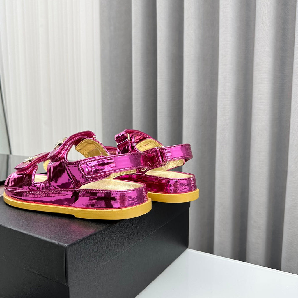 CHANEL dad sandals red metalic lambskin