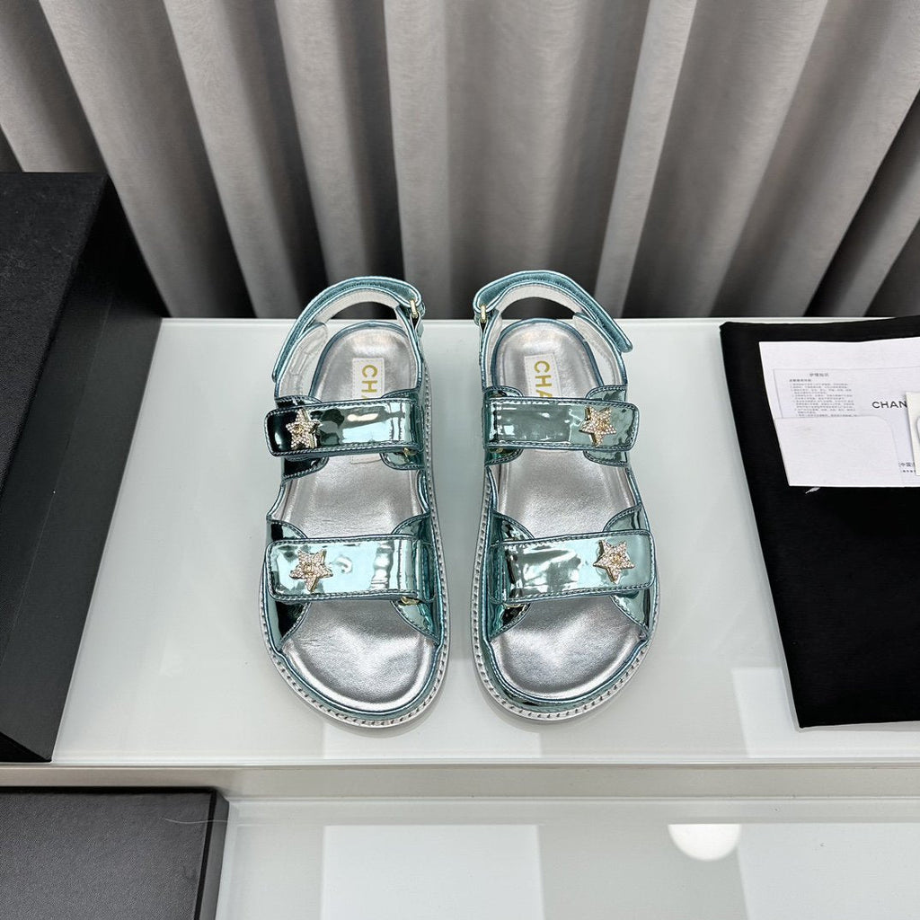 CHANEL dad sandals cloud blue metalic lambskin